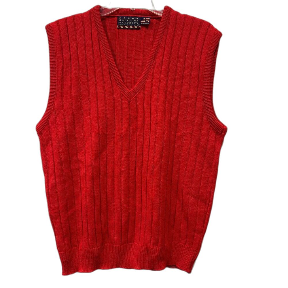 Vintage Sweater Vest American Priority Rib Knit Red V Neck USA Made Mens Large